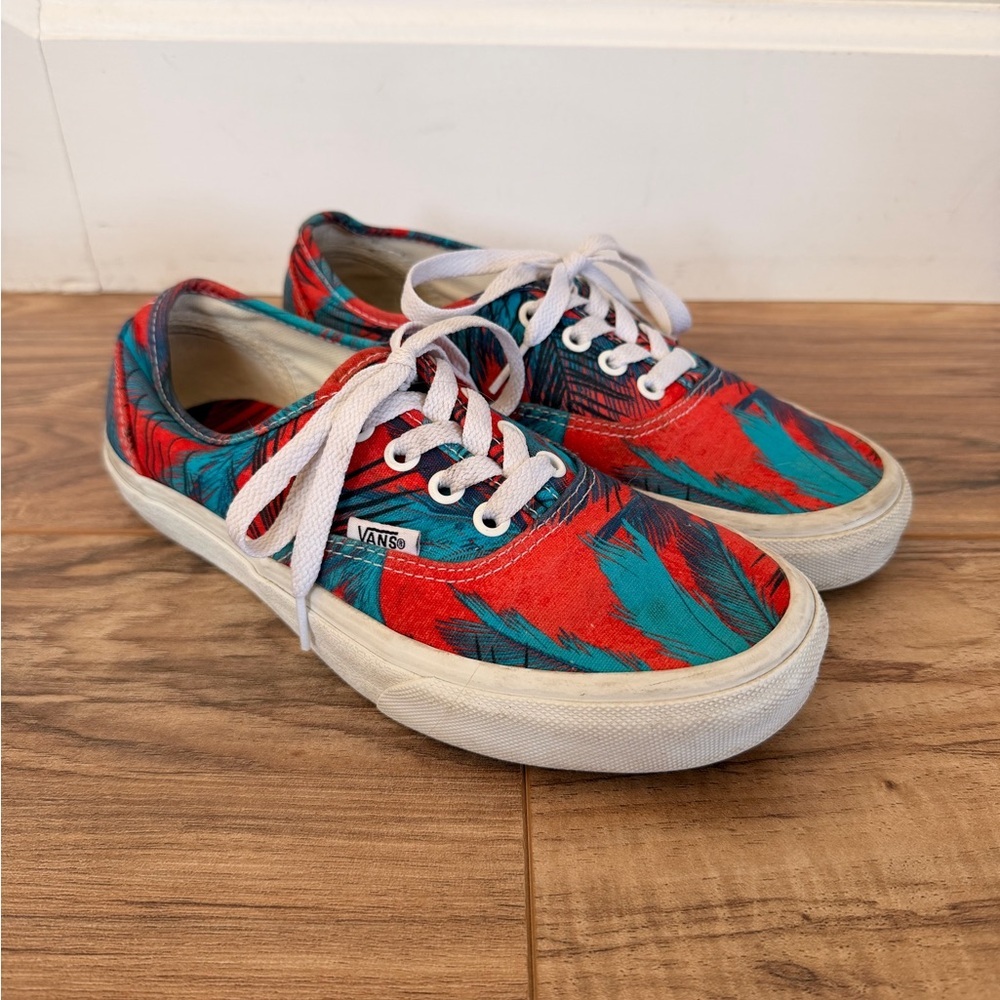 Vans Classic Low Lace Up Red and Teal Tropical Palm Tree Canvas Sneakers Size 7